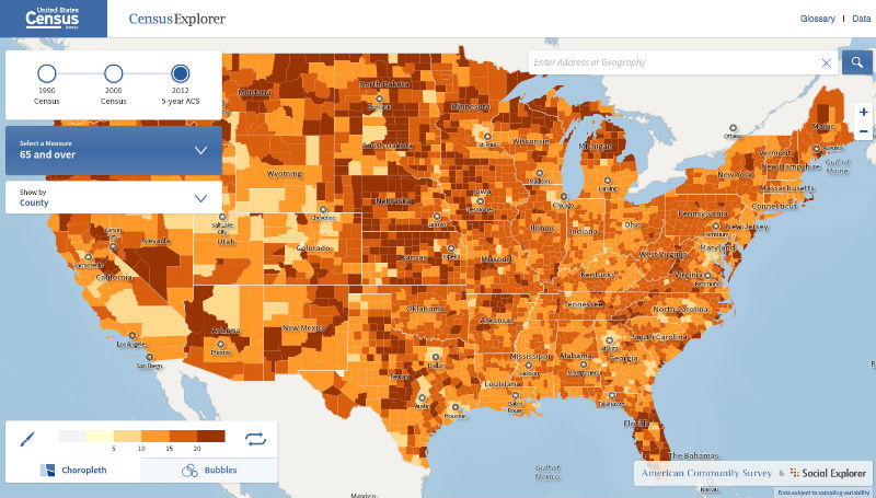 Map of US representing how Social Explorer visualizes census data